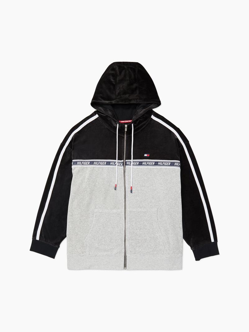 Black / White Grey Tommy Hilfiger Essential Drop-Shoulder Hoodies | NZ_W21145