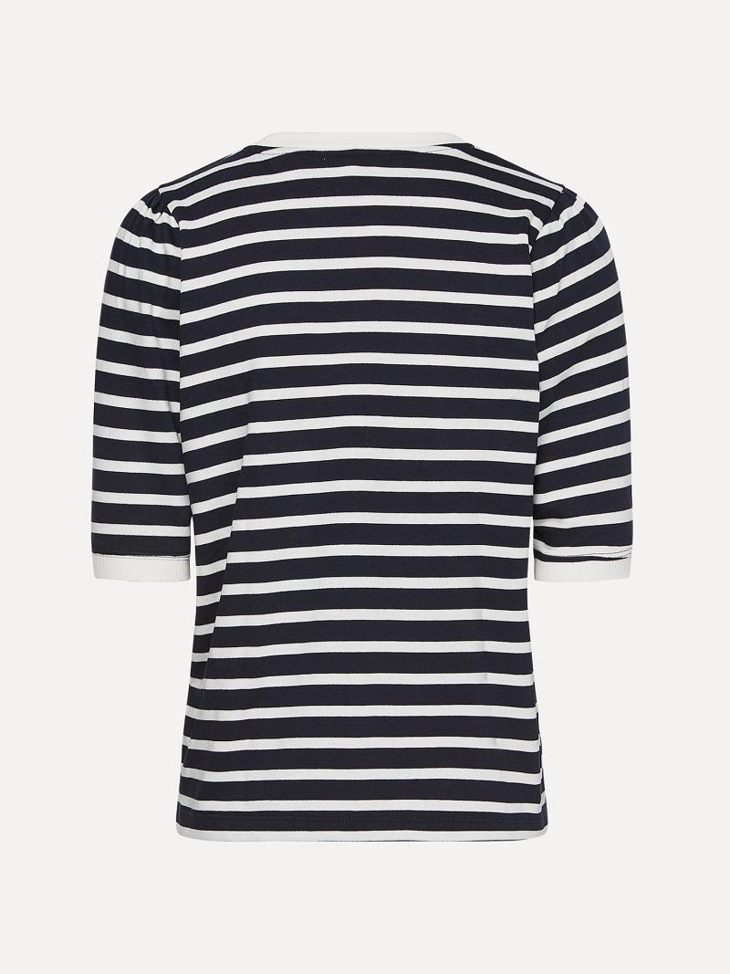 Black / White Tommy Hilfiger Stripe Crewneck Top T Shirts | NZ_W21476