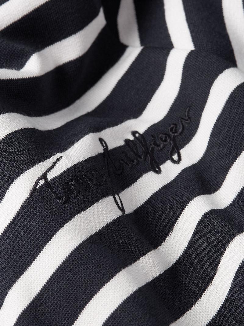 Black / White Tommy Hilfiger Stripe Crewneck Top T Shirts | NZ_W21476