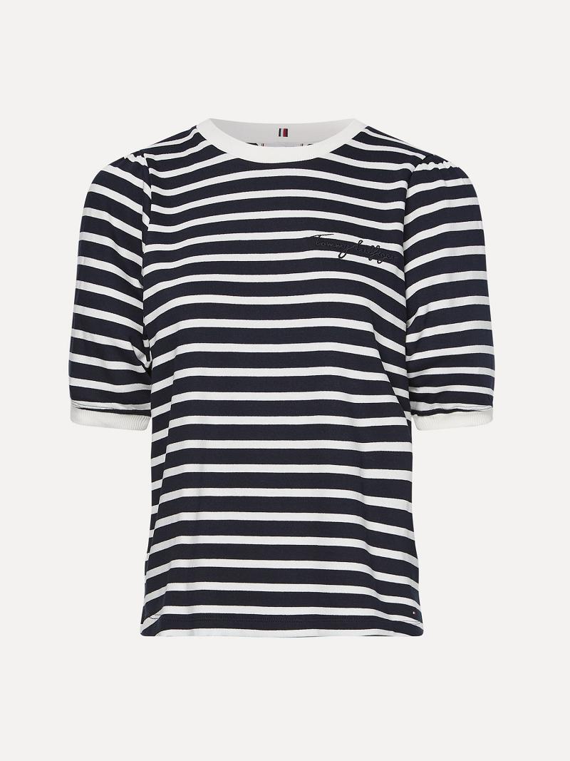 Black / White Tommy Hilfiger Stripe Crewneck Top T Shirts | NZ_W21476