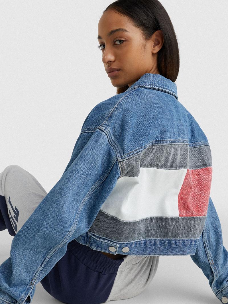 Blue Tommy Hilfiger Cropped Flag Trucker Jackets | NZ_W21172