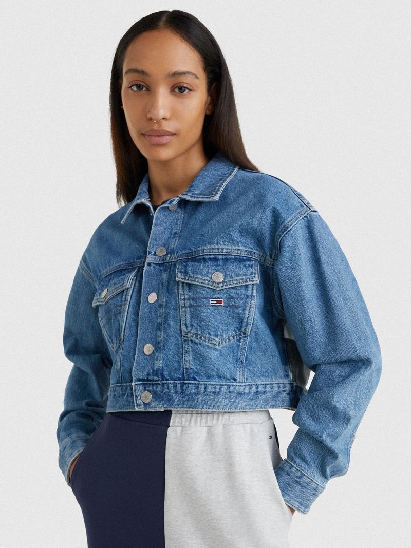 Blue Tommy Hilfiger Cropped Flag Trucker Jackets | NZ_W21172