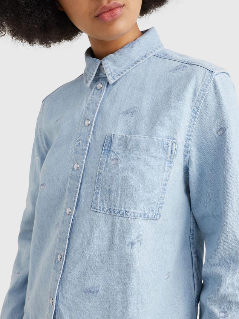 Blue Tommy Hilfiger Cropped Logo Denim Shirts | NZ_W21279