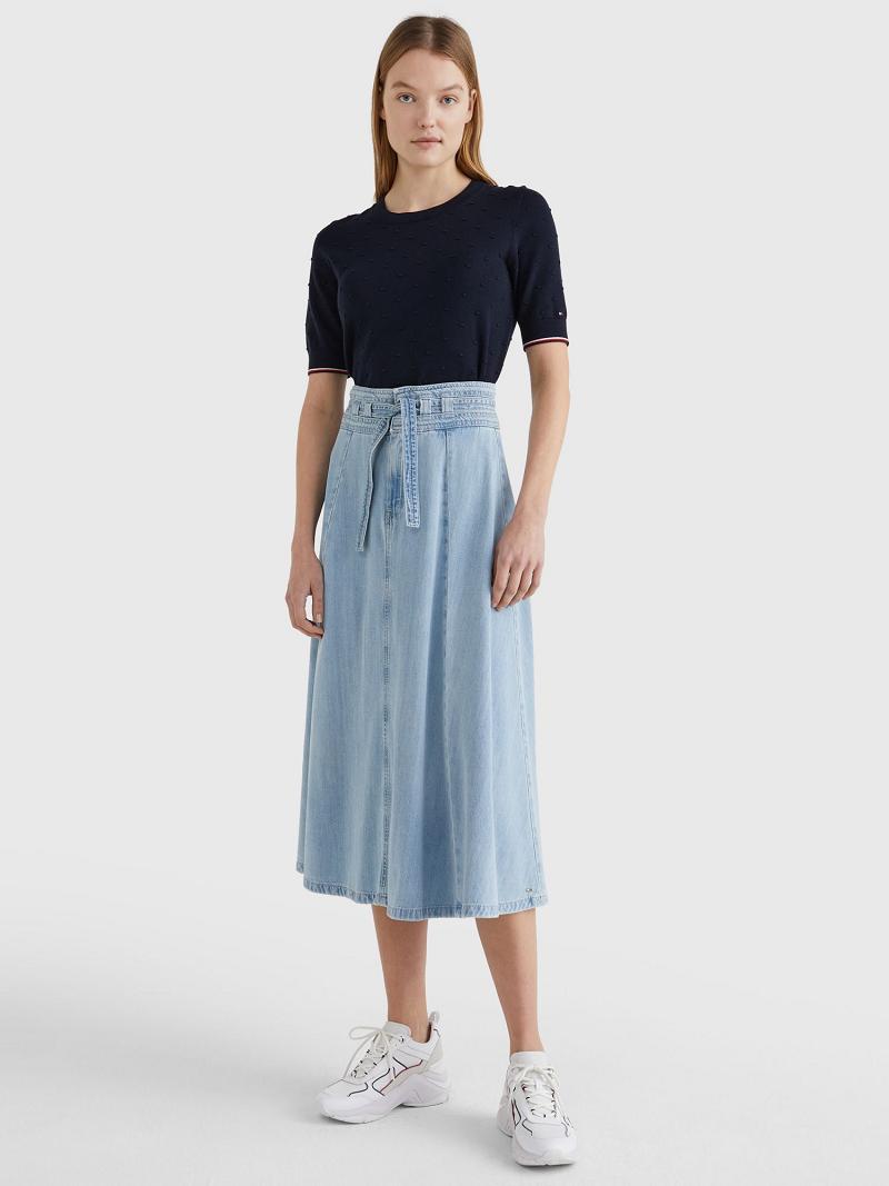 Blue Tommy Hilfiger High Rise Denim Tie-Waist Midi Skirts | NZ_W21331