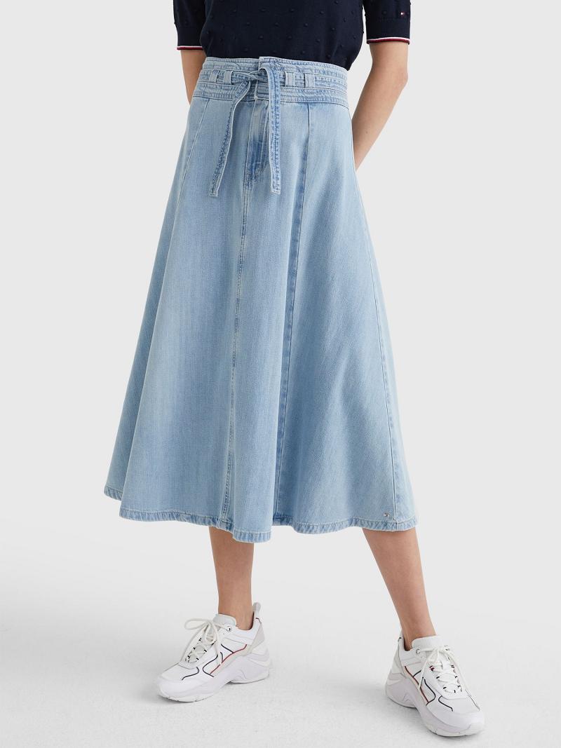 Blue Tommy Hilfiger High Rise Denim Tie-Waist Midi Skirts | NZ_W21331