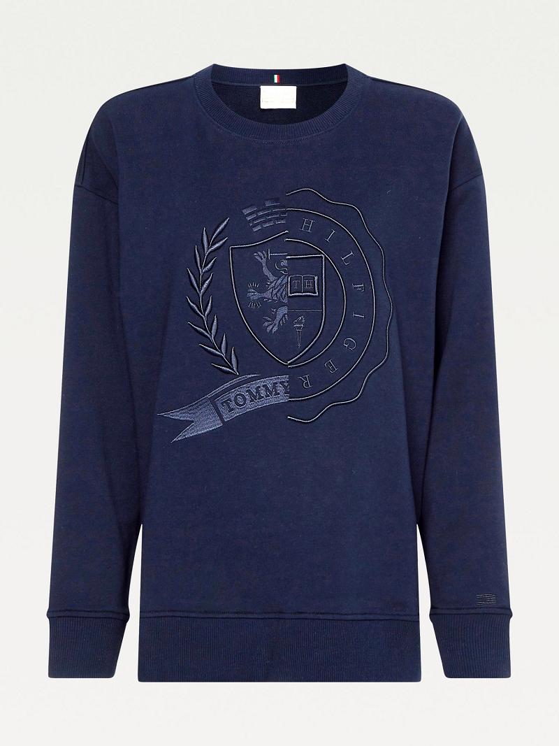 Blue Tommy Hilfiger Icon Organic Cotton Crest Sweatshirts | NZ_W21390