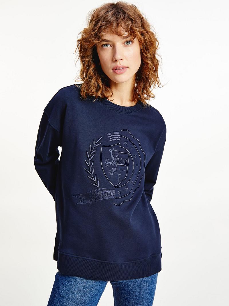 Blue Tommy Hilfiger Icon Organic Cotton Crest Sweatshirts | NZ_W21390