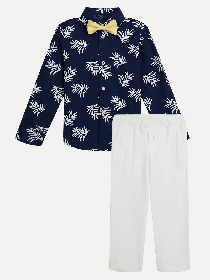 Blue Tommy Hilfiger Little Palm Print, Pant and Bow Tie Set Shirts | NZ_B2082