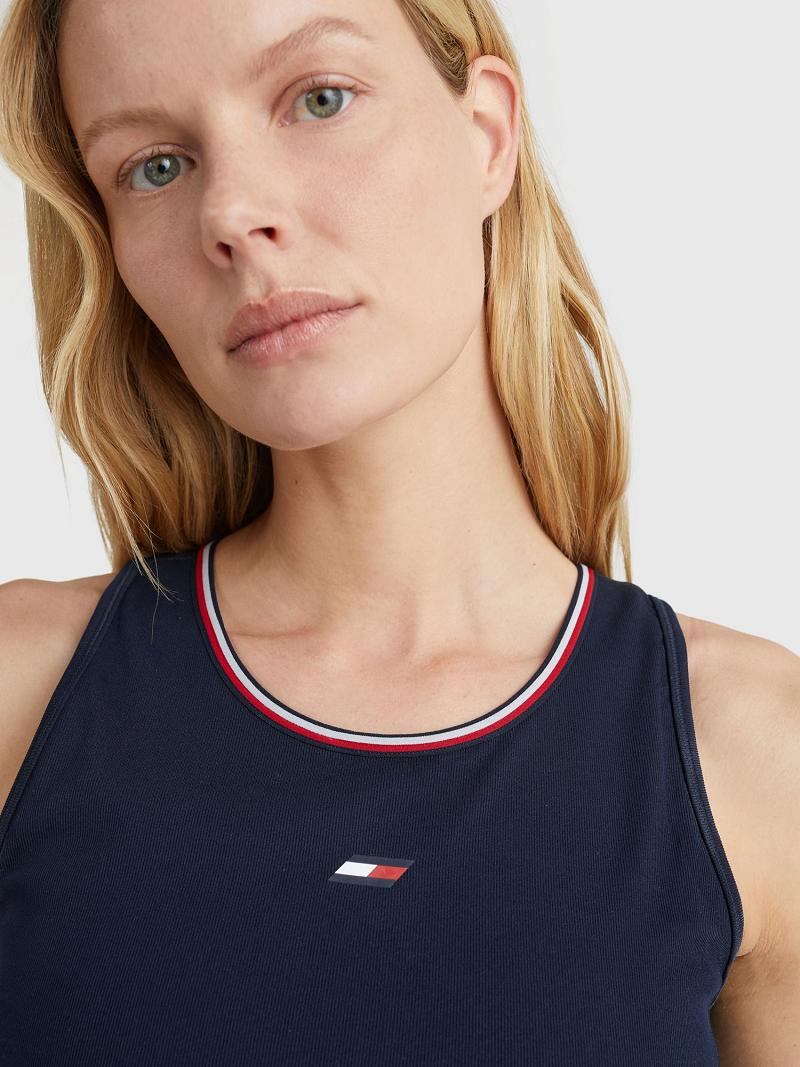 Blue Tommy Hilfiger Ribbed Flag Tank Tops | NZ_W21503