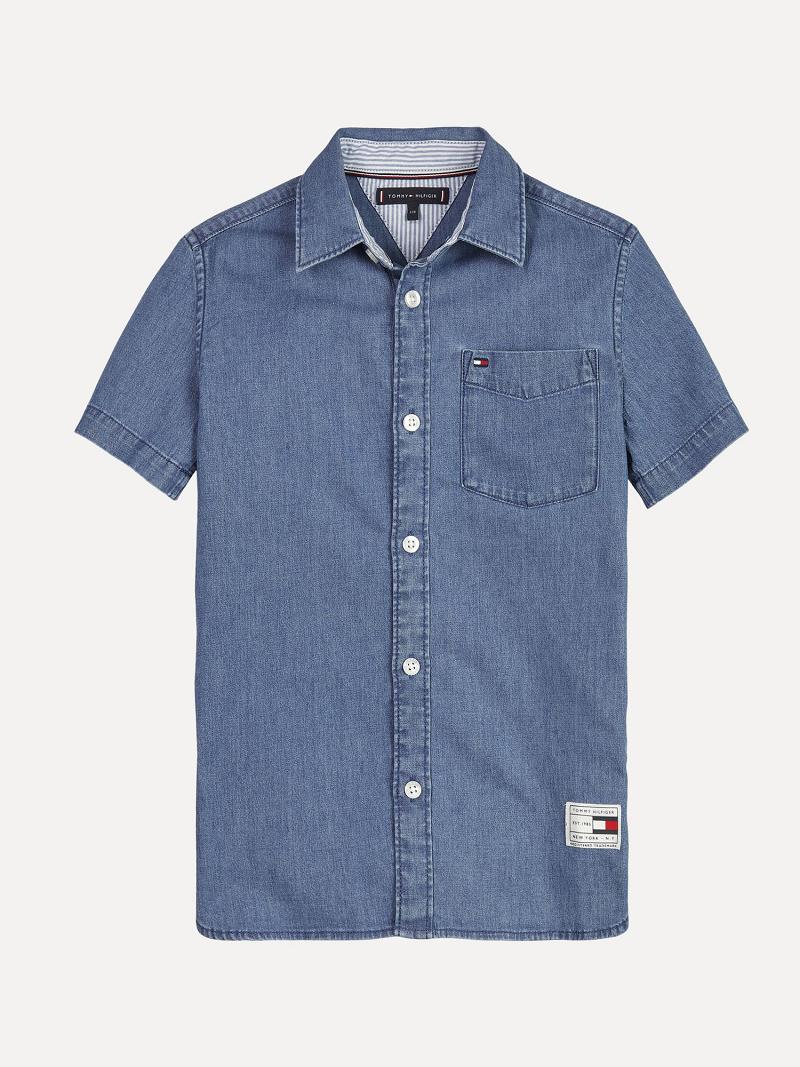 Blue Tommy Hilfiger Short Sleeve Denim Shirts | NZ_B2087