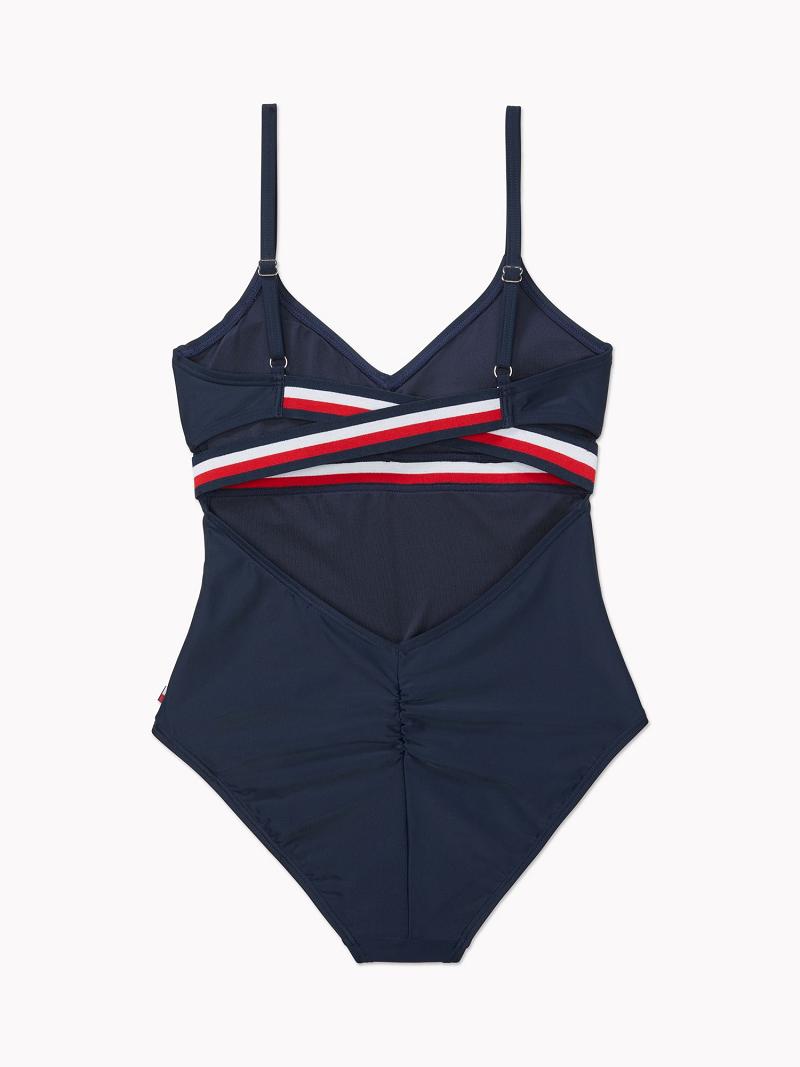 Blue Tommy Hilfiger Stripe Cut-Out One-Piece Swimwear | NZ_W21430