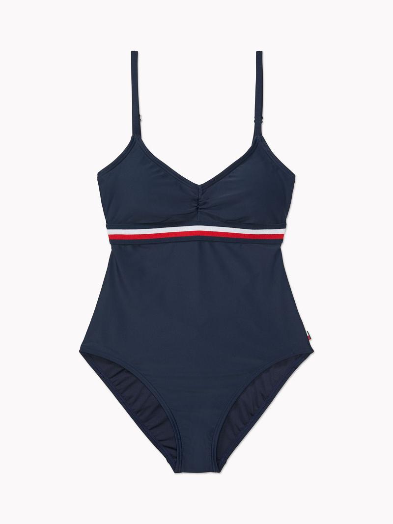 Blue Tommy Hilfiger Stripe Cut-Out One-Piece Swimwear | NZ_W21430