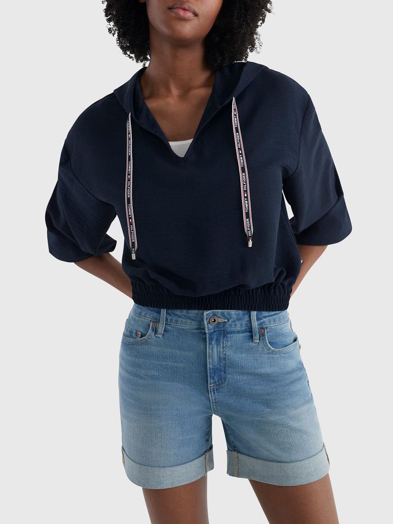 Blue Tommy Hilfiger V-Neck Hooded Pullover Sweater Tops | NZ_W21511