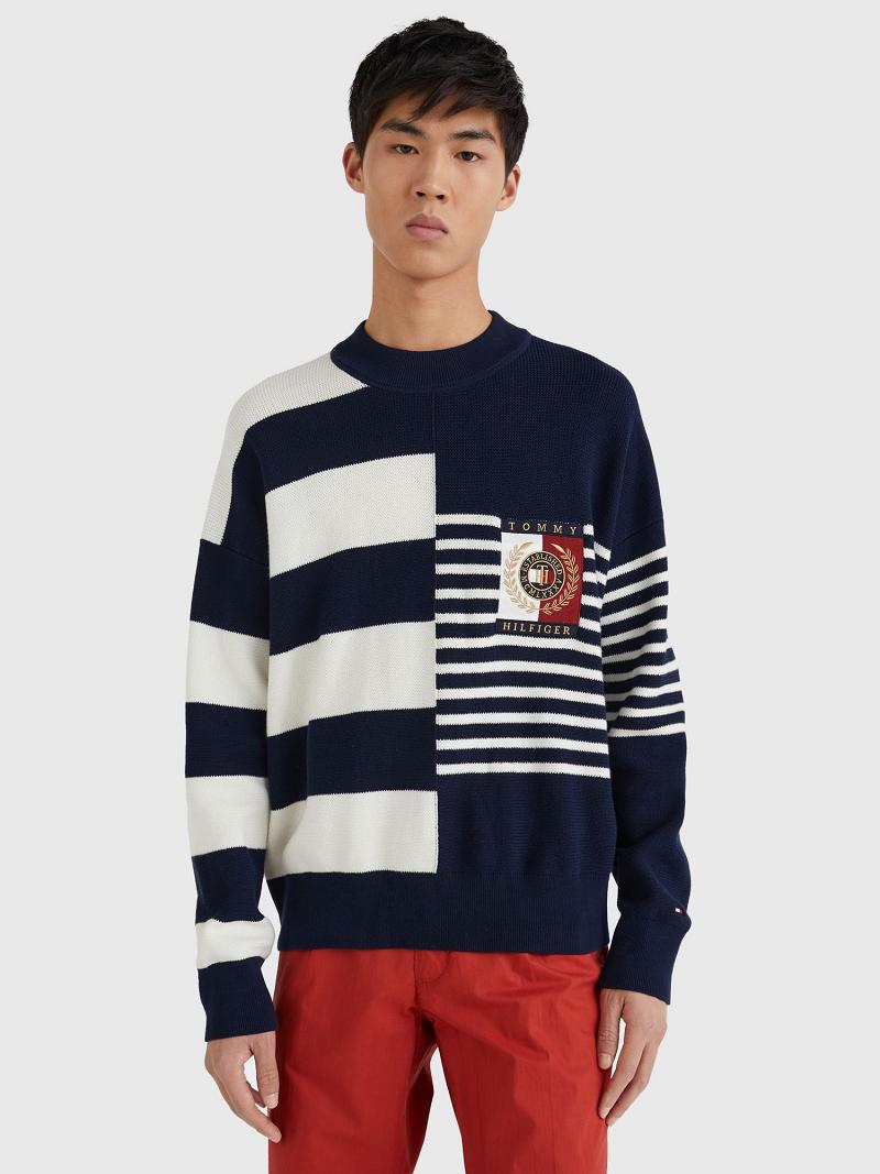 Blue / White Tommy Hilfiger Icon mix stripe crewneck Sweaters | NZ_M31168