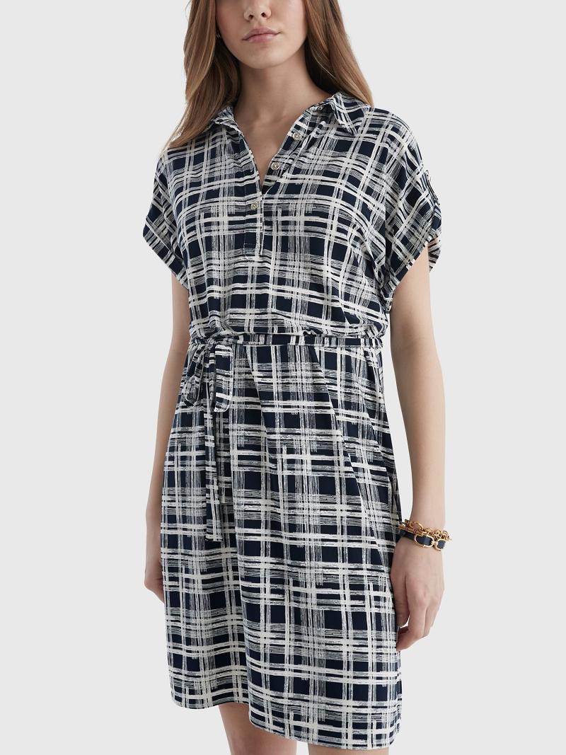 Blue / White Tommy Hilfiger Short-Sleeve Plaid Shirtdress Dresses | NZ_W21115