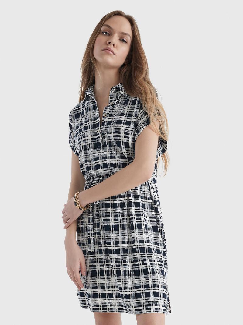 Blue / White Tommy Hilfiger Short-Sleeve Plaid Shirtdress Dresses | NZ_W21115