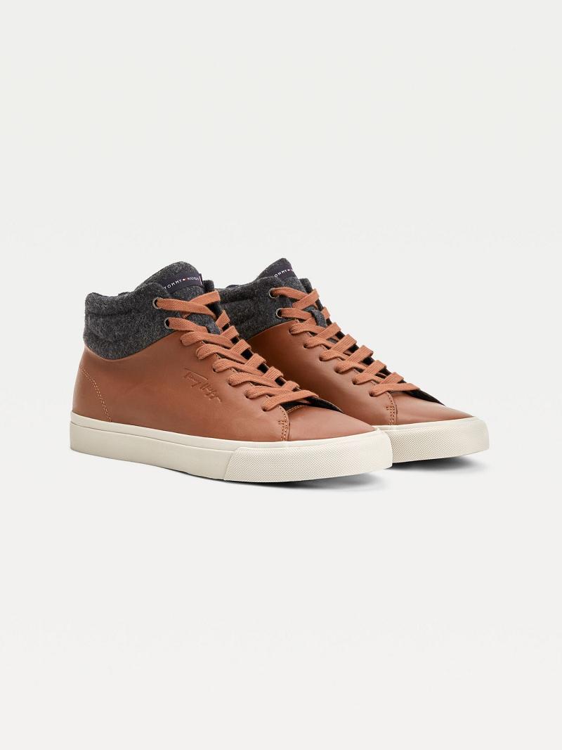 Brown Tommy Hilfiger Felt accent ankle leather Sneakers | NZ_M31615