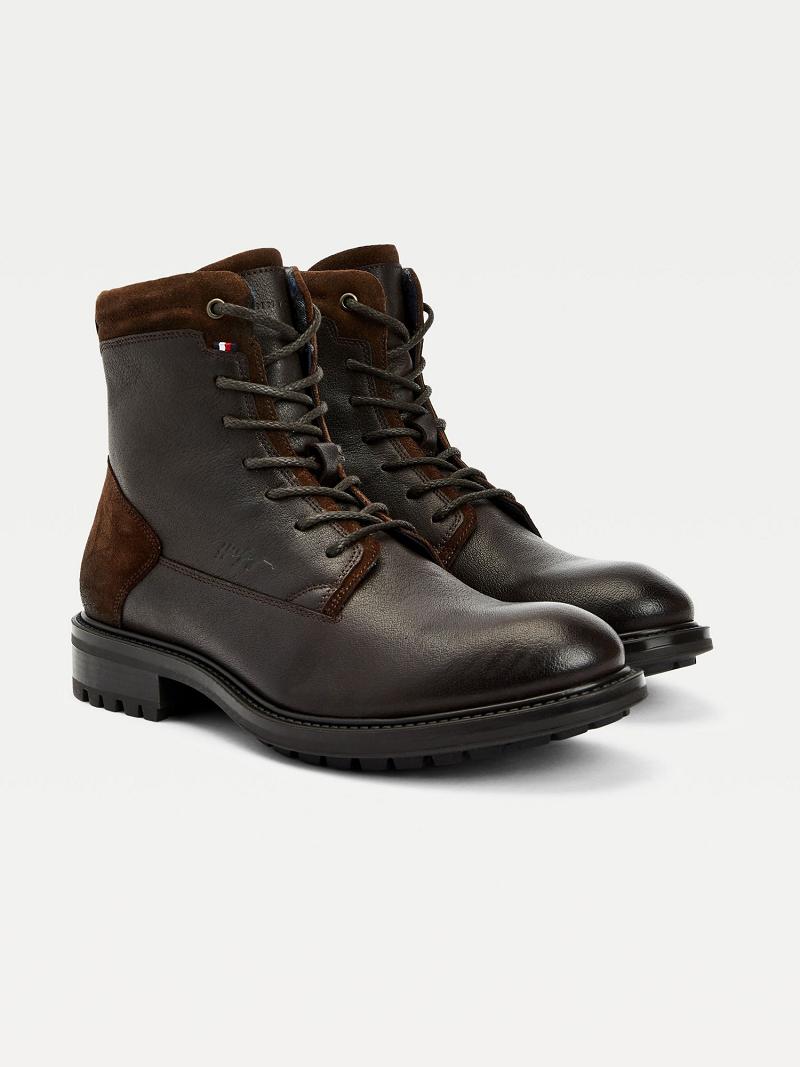 Brown Tommy Hilfiger Leather mix zip Boots | NZ_M31687