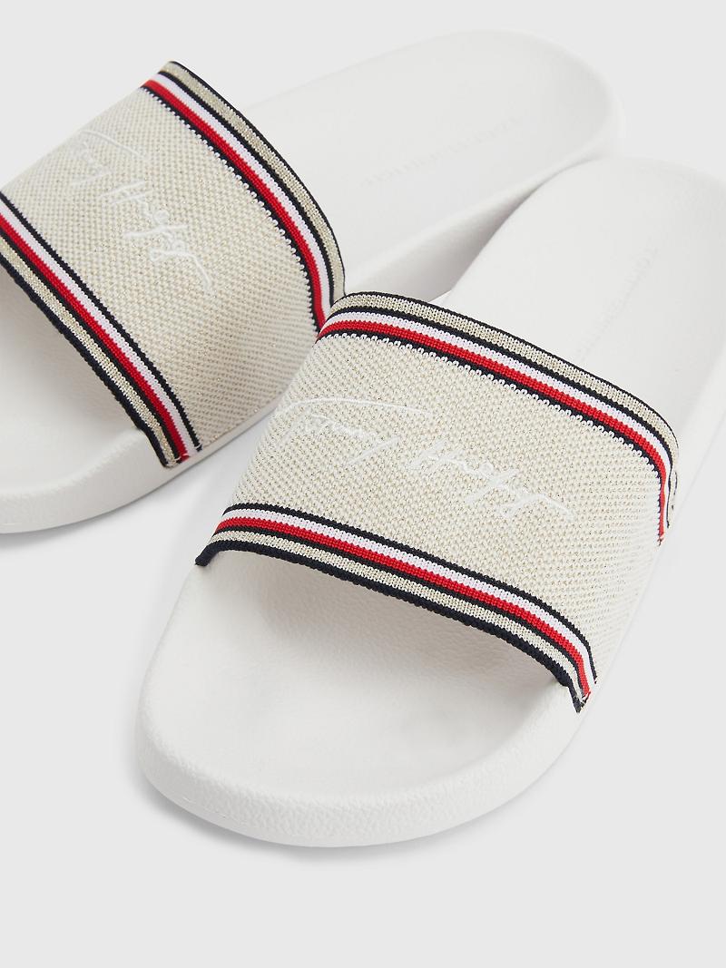 Brown Tommy Hilfiger Recycled Metallic Knit Pool Slides | NZ_W21621