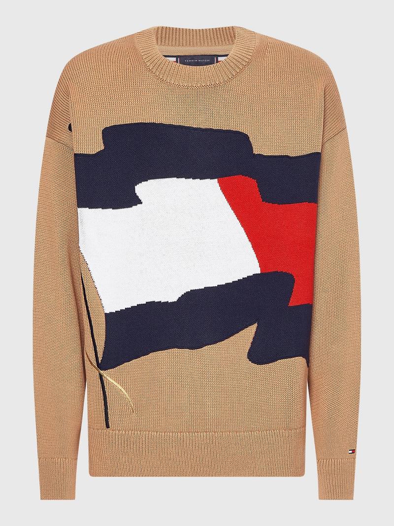 Brown Tommy Hilfiger Wavy flag crewneck Sweaters | NZ_M31178