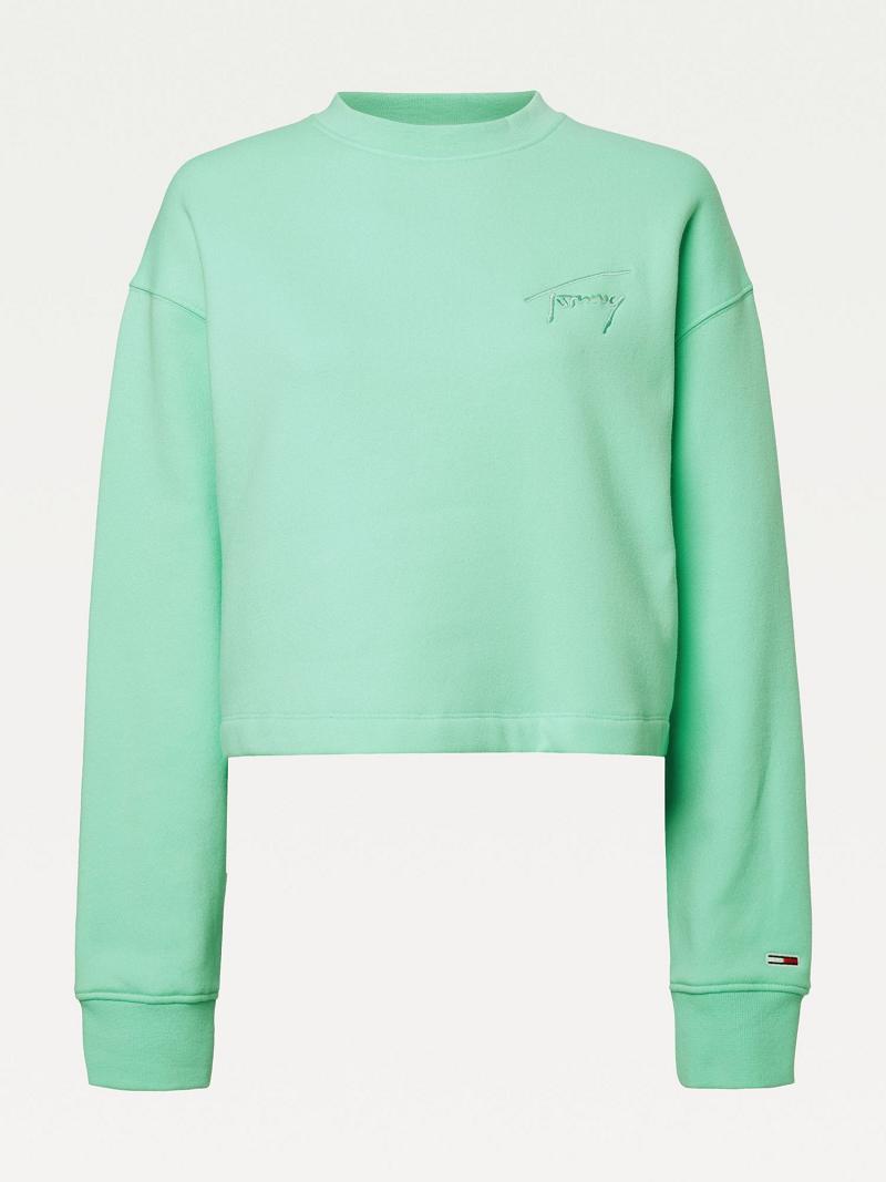 Green Tommy Hilfiger Cropped Signature Sweatshirts | NZ_W21378