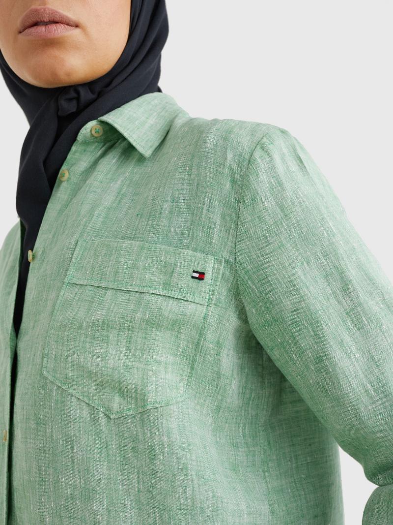 Green Tommy Hilfiger Linen Long-Sleeve Shirts | NZ_W21285