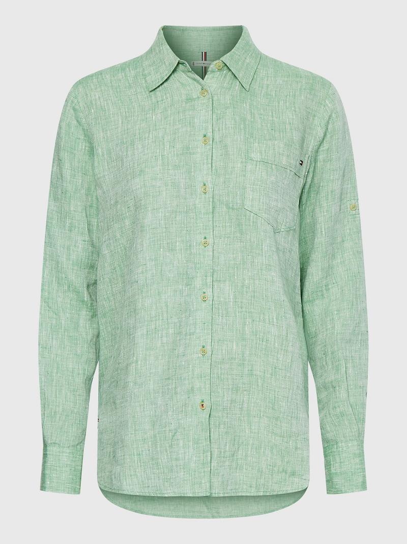 Green Tommy Hilfiger Linen Long-Sleeve Shirts | NZ_W21285