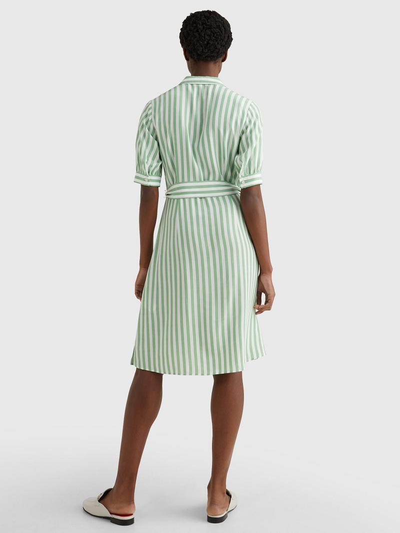 Green Tommy Hilfiger Stripe Tie-Waist Shirtdress Dresses | NZ_W21128