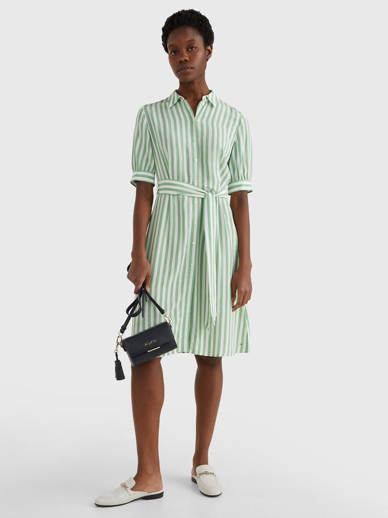 Green Tommy Hilfiger Stripe Tie-Waist Shirtdress Dresses | NZ_W21128