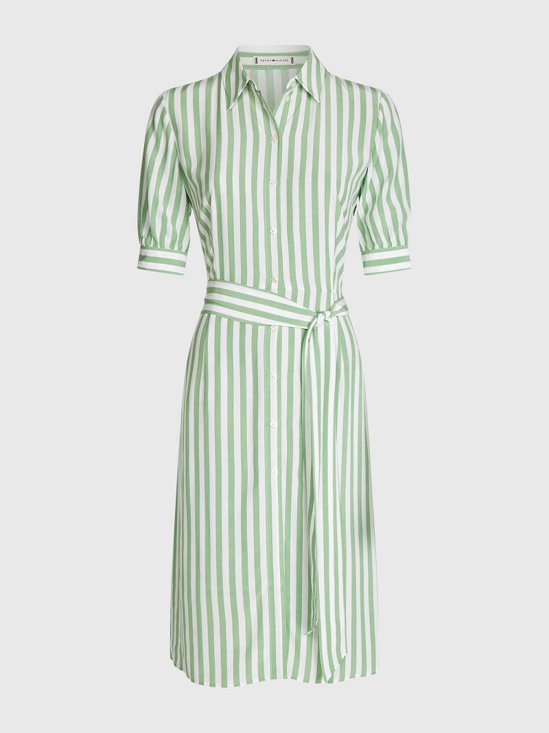 Green Tommy Hilfiger Stripe Tie-Waist Shirtdress Dresses | NZ_W21128