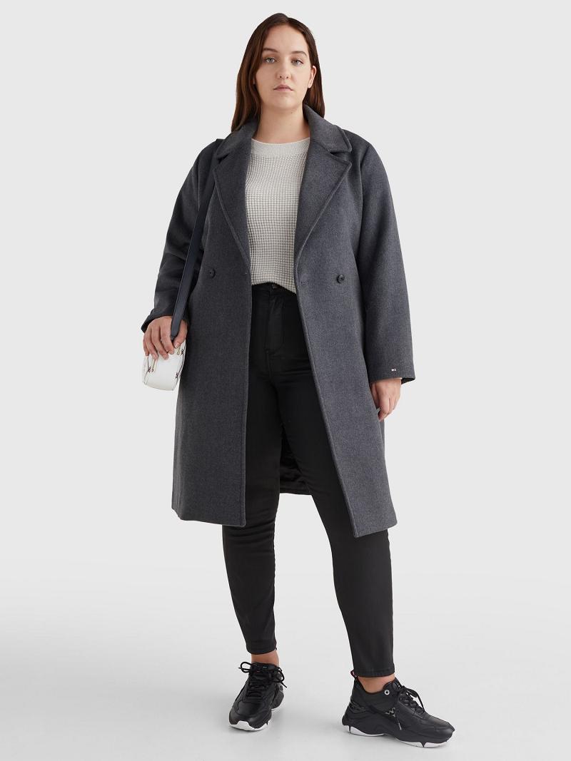 Grey Tommy Hilfiger Curve Solid Belted Coats | NZ_W21028