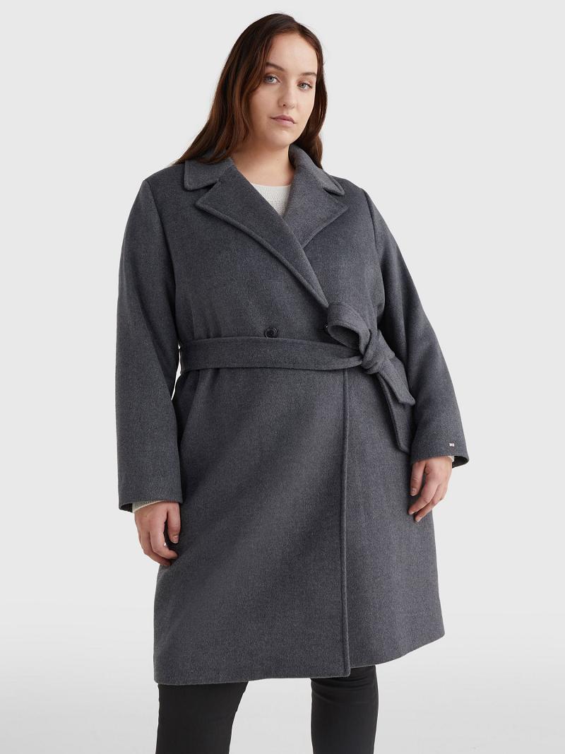 Grey Tommy Hilfiger Curve Solid Belted Coats | NZ_W21028