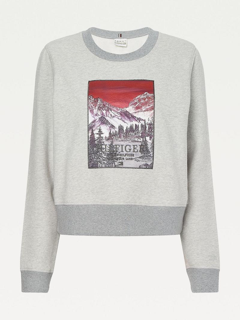 Grey Tommy Hilfiger Icon Organic Cotton Mountain Logo Sweatshirts | NZ_W21391