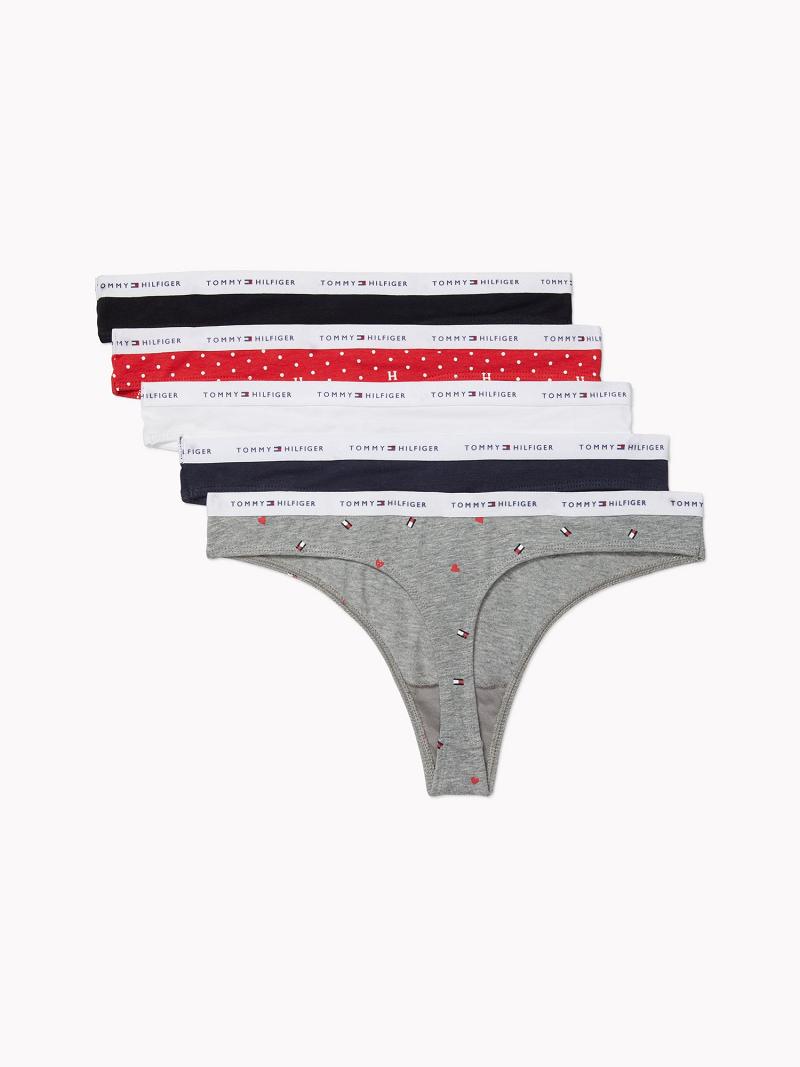 Grey Tommy Hilfiger Logo Mix 5PK Thongs | NZ_W21565