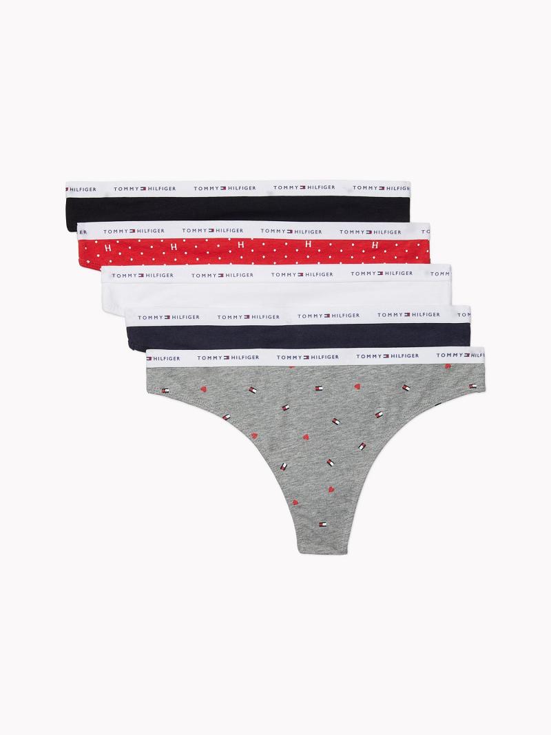 Grey Tommy Hilfiger Logo Mix 5PK Thongs | NZ_W21565