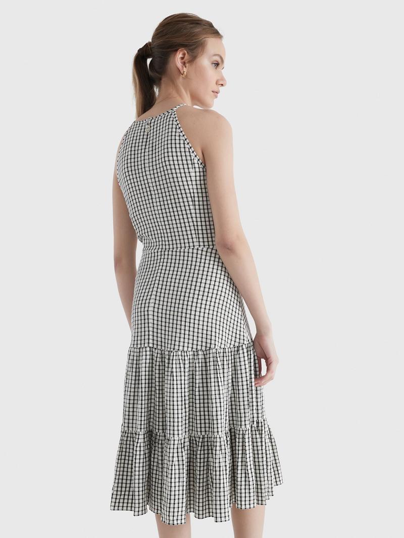 Grey Tommy Hilfiger Windowpane Check Tiered Halter Dresses | NZ_W21136