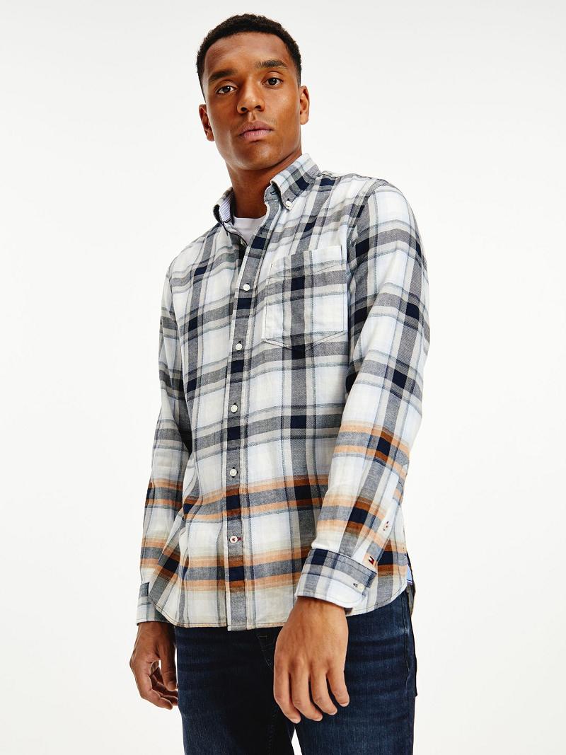 Grey / White Tommy Hilfiger Oversized cotton and linen check Shirts | NZ_M31263