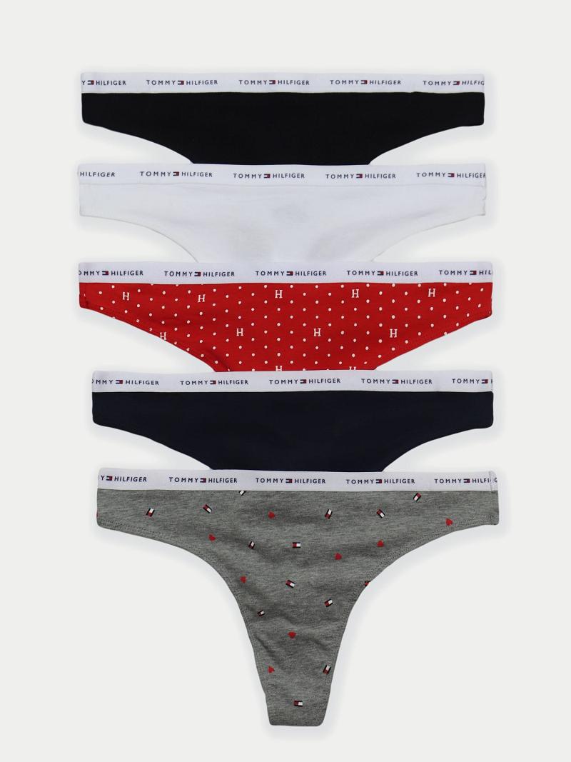 Navy / Grey Tommy Hilfiger Logo Mix 5PK Thongs | NZ_W21568