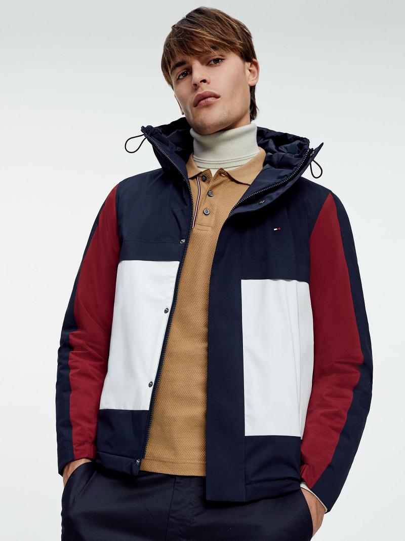 Navy / Red / White Tommy Hilfiger Recycled hooded colorblock Jackets | NZ_M31415