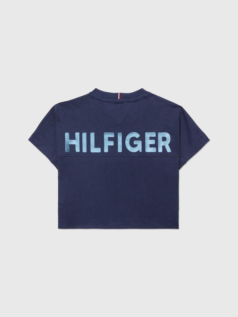 Navy Tommy Hilfiger Back Logo Shimmer T Shirts | NZ_G1226