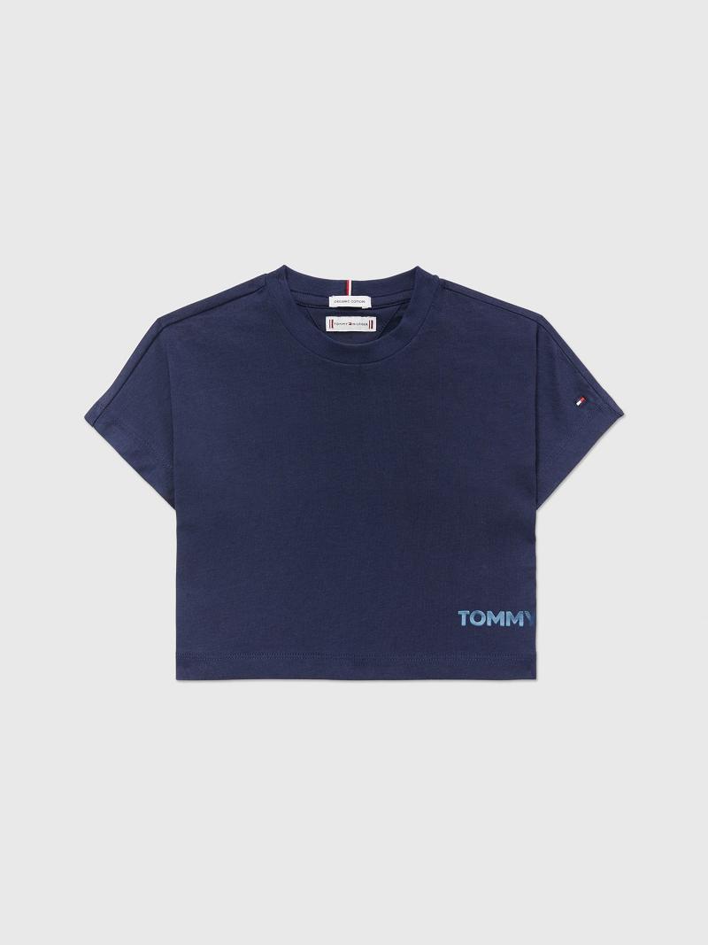 Navy Tommy Hilfiger Back Logo Shimmer T Shirts | NZ_G1226