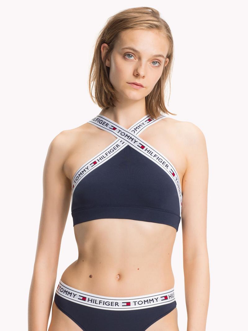 Navy Tommy Hilfiger Cross Halter Logo Bras | NZ_W21514