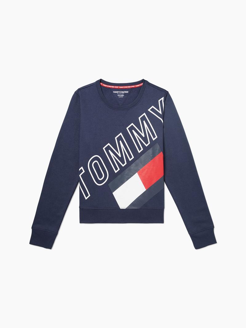 Navy Tommy Hilfiger Essential Cropped Tommy Flag Sweatshirts | NZ_W21383