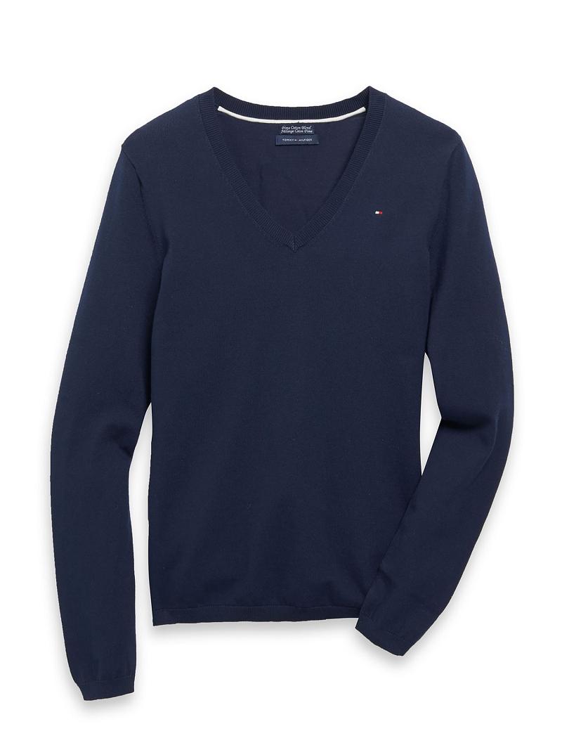 Navy Tommy Hilfiger Essential Solid V-Neck Sweaters | NZ_W21351