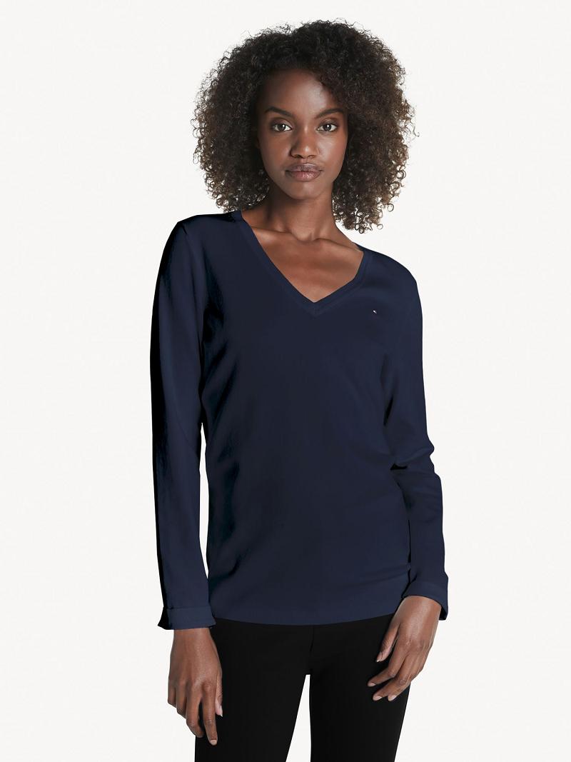 Navy Tommy Hilfiger Essential Solid V-Neck Sweaters | NZ_W21351