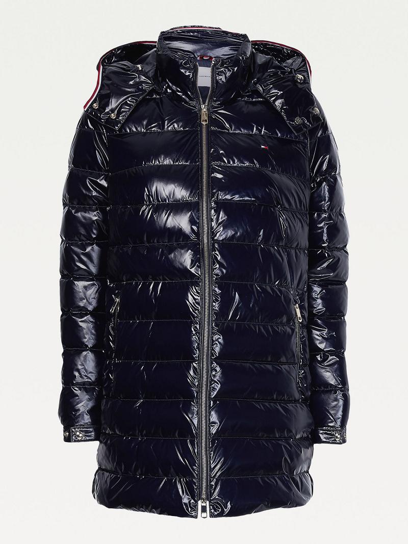 Navy Tommy Hilfiger Glossy Hooded Puffer Coats | NZ_W21031