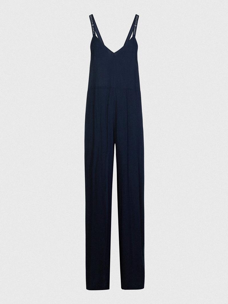 Navy Tommy Hilfiger Logo Cover-Up Jumpsuit Swimwear | NZ_W21423