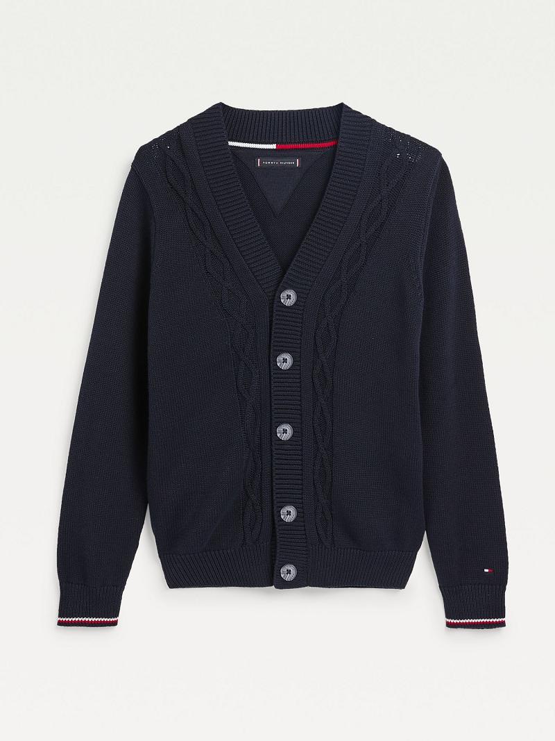 Navy Tommy Hilfiger Organic Cotton Cable Cardigan Sweatshirts | NZ_B2136