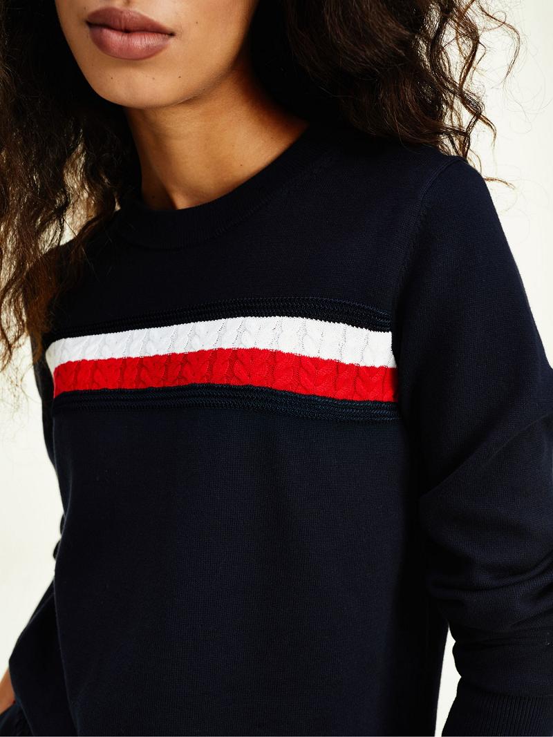 Navy Tommy Hilfiger Organic Cotton Cable Stripe Sweaters | NZ_W21360