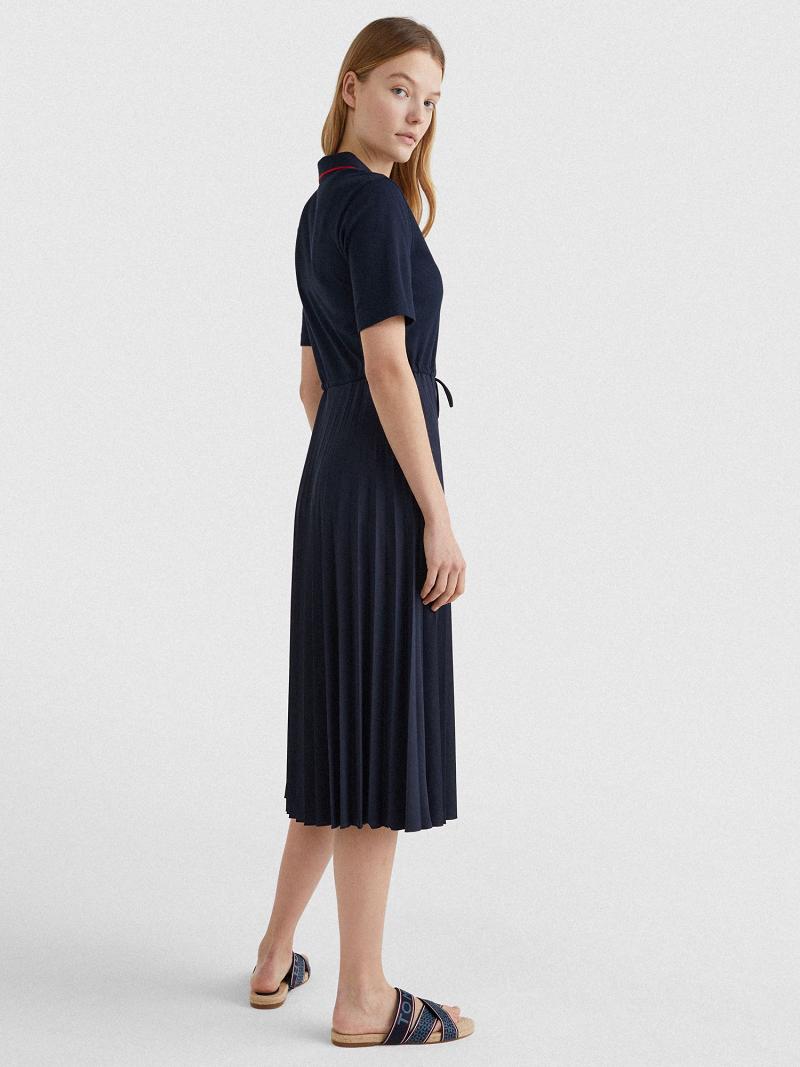 Navy Tommy Hilfiger Pique Pleated Polo Dresses | NZ_W21104